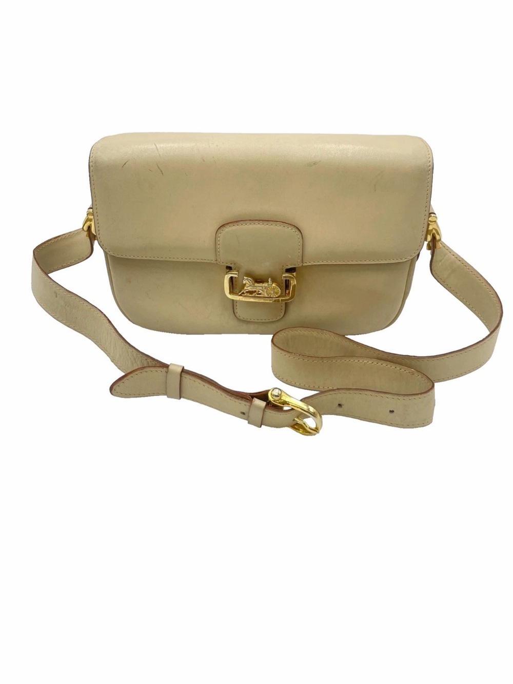 Auth Celine Horse Carriage Leather Ivory Shoulder Bag
